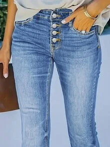 女士性感修身休闲喇叭牛仔裤（春季款） - 中等水洗藍 - 查看 4