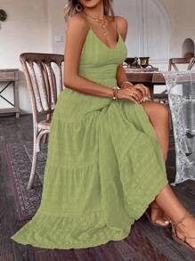 SHEIN Franclia Cộng với kích thước màu trơn Ruffle Hem Backless Sundress không tay - màu xanh lá - Xem 6