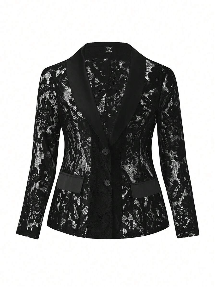 Allurite Plus Size Women'S Shawl Collar Lace Blazer Jacket Graduation,Back To School,Teacher Outfits For Women - Black - View 1
