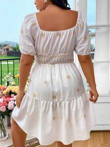 Flirla Digital Printing Plus Size Summer Elegant Dress With Ruffle Trim And Square Neckline Short Sleeves - Beige - View 3