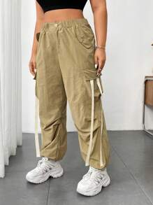 Flirla 大码女式多口袋编织腰带工装裤