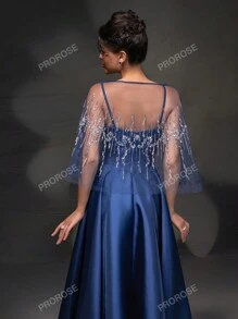 Nuovo elegante vestito da sera a trapezio con spalline in pizzo e rete con scialle
