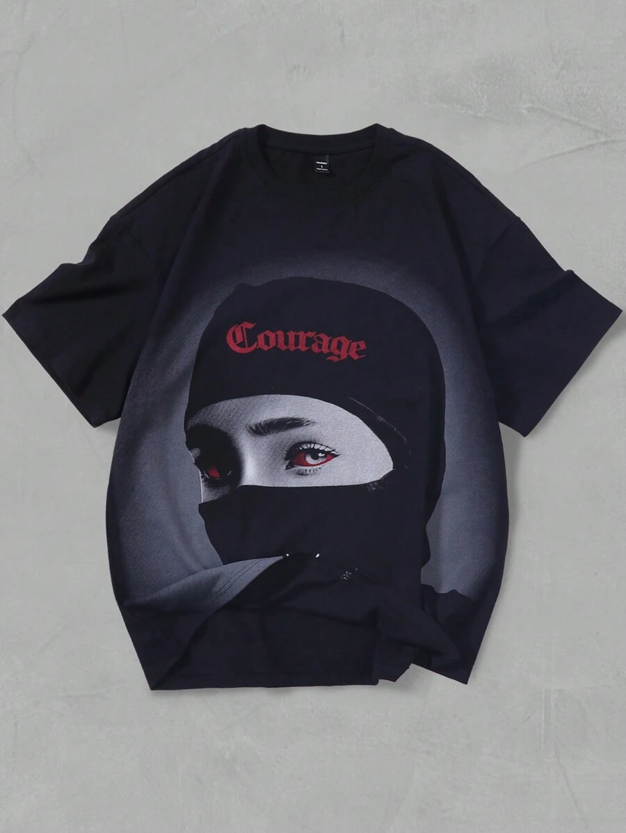 Manfinity Roghcode Camiseta casual de manga corta para hombre de verano con estampado de letras y personajes, cuello redondo - Negro - Ver 1