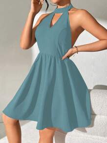 Chiquease Của phụ nữ Không lưng Ren Vá lại Tháp Eiffel In Halterneck Đầm - Màu xanh lam - Xem 4