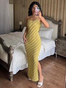 Chiquease Vestido ajustado sin mangas con tirantes espagueti, escote descubierto en la espalda y rizo con dobladillo de volante de malla 3D, para mujer - Verde - Ver 4