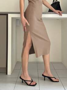 DAZY Women's Slim Fit Waist Cinching Slit Dress Elegant Sundress - Khaki - View 4