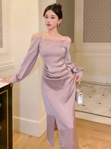 DAZY 女士纯色露肩开衩长袖日常连衣裙舞会礼服、秋季连衣裙 - 淡紫色 - 查看 7
