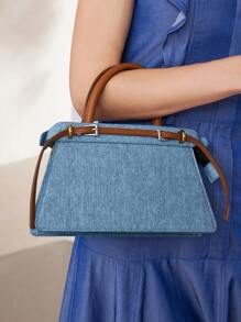 MOTF PREMIUM CONTRAST BUCKLE DETAIL DENIM-EFFECT PRINT TOP HANDLE BAG - Blue - View 5