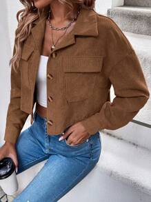 EMERY ROSE 春夏休闲纯色灯芯绒短款夹克，女士春秋休闲纽扣、口袋落肩领常规版型卡其色灯芯绒纯色女士夹克，休闲日常穿着 - 卡其色 - 查看 6