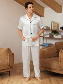 男士撞色短袖上衣和裤子缎面睡衣套装/睡衣套装白色套装