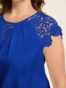 SHEIN Clasi Plus Size Solid Color Round Neck Lace Spliced Women's Summer Shirt