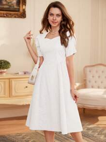 SHEIN Privé Elegant White Puff Sleeve Waist Cinched Embossed Fabric Women's Dress - White - View 7