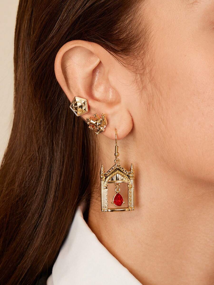 HARRY POTTER X SHEIN 2 Pairs Red Rhinestone & Golden Earrings (Studs + Dangle) - Multicolor - View 1