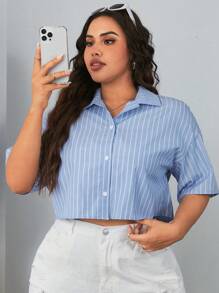 Comfortcana 大尺碼女士藍白條紋針織襯衫，前扣設計，夏季款 - 藍色 - 查看 4