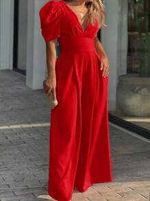 Slaydiva Plus Size Elegant Jumpsuit With Low-Cut Neckline - Red - View 1