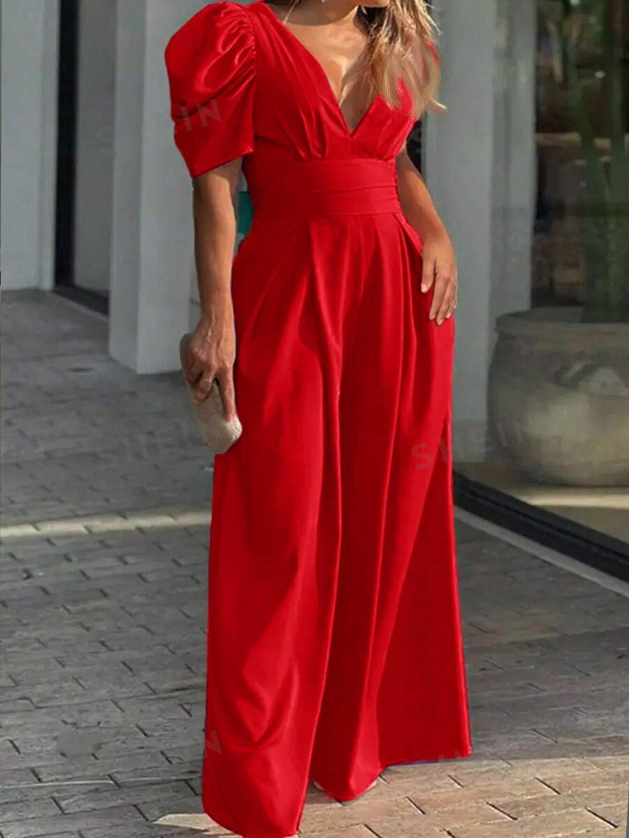 Slaydiva Mono elegante de talla grande con escote bajo - Rojo - Ver 1