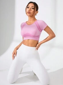 Women's Solid Pink Short Sleeve Crop Sports Top And Leggings Set For Summer Fitted Shirt - Pink - View 6