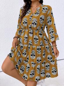 SHEIN LUNE Váy mùa hè in hình cỡ lớn với đường viền cổ chữ V có khía - Màu Khaki - Xem 3