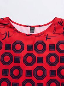 SHEIN LUNE 女士蝙蝠袖不对称印花衬衫 - 紅色 - 查看 6