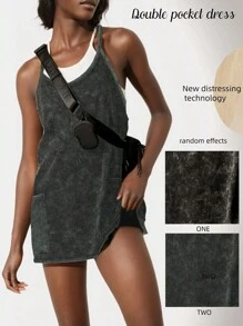 Easithlete Rochie Sportiva de dama, cu buzunare, rochie cu bretele cu efect denim, potrivita pentru tenis si golf, set 2 buc cu material anti-luminos si jambiere