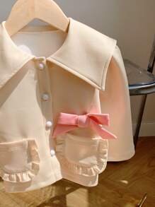 SHEIN Elladie kids Conjunto Elegante e Lindo de 2 peças para Meninas Bebês em Bege Claro para Uso Casual Diário no Outono, Apresentando Laço 3D e Lapela Grande - Caqui - Ver 5
