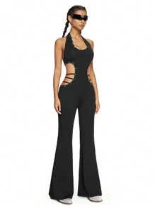 ROMWE Avant Star Rivet Waist Halter Backless Jumpsuit, Rave Festival - Black - View 7