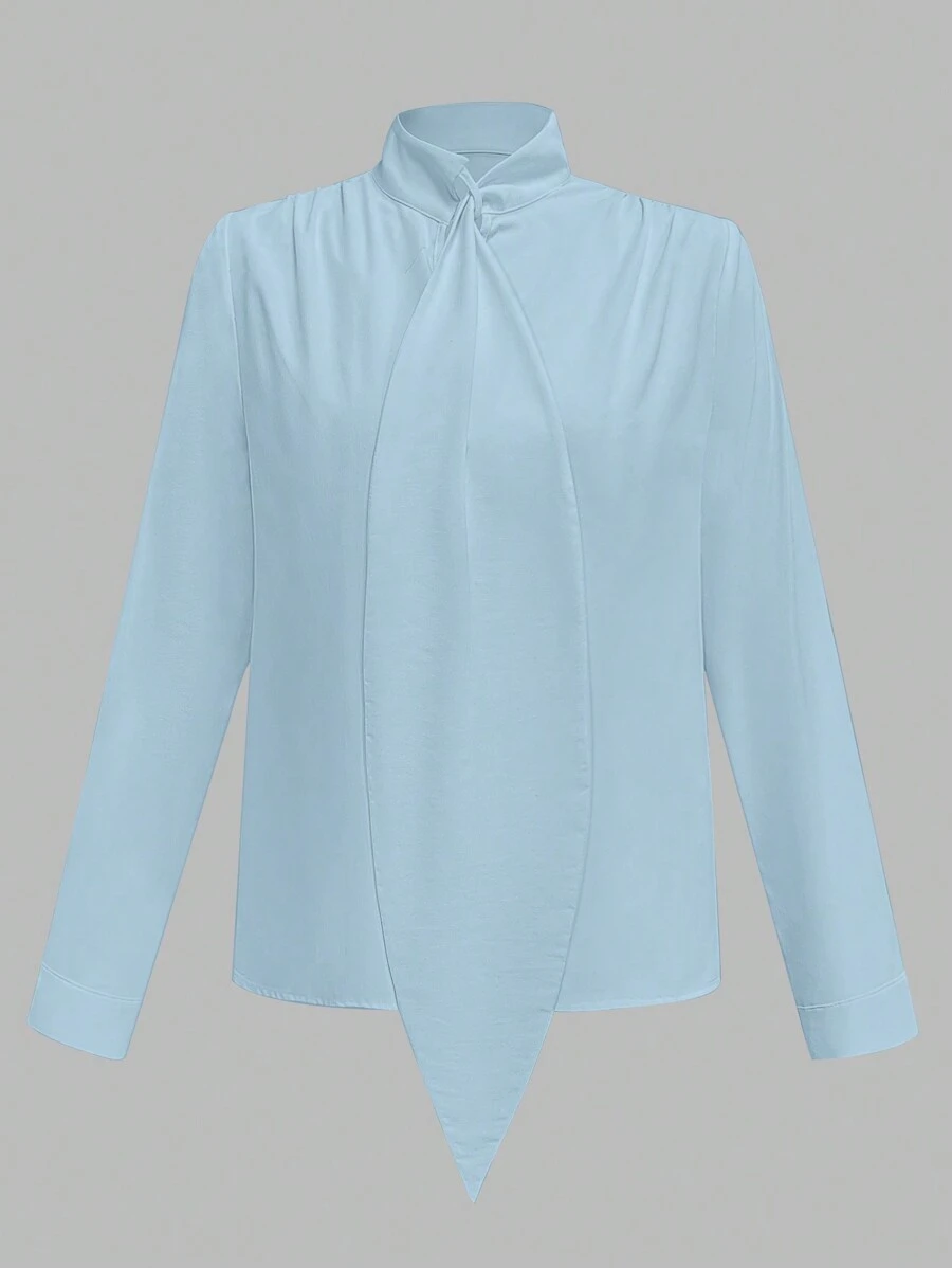 SHEIN Clasi 純色立領長袖夏季優雅女士襯衫 - 藍色 - 查看 1