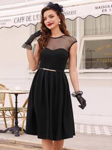 Vintamour 复古优雅女士波尔卡圆点网眼拼接圆领盖袖连衣裙搭配伞裙，A 字型黑色连衣裙，适合工作和休闲老式风格教师服装单身女郎礼服早午餐服装秋季礼服半正式礼服教师礼服夏季女装生日服装女装正式女装秋季婚礼宾客礼服约会晚礼服 - 黑色 - 查看 5