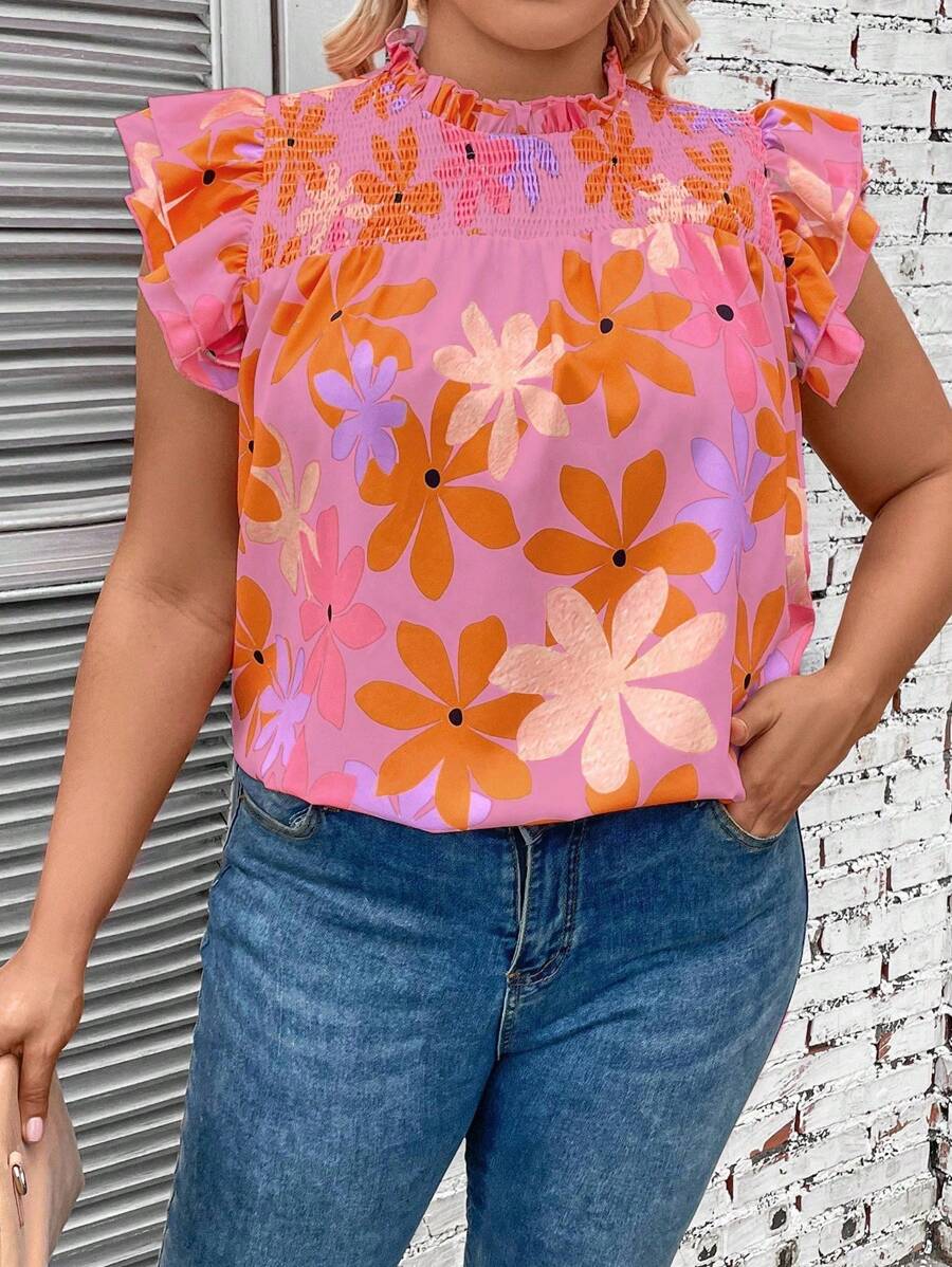 SHEIN LUNE Plus Size Stand Collar Shirred-Front Shirt With Ruffle Hem, Summer - Multicolor - View 1