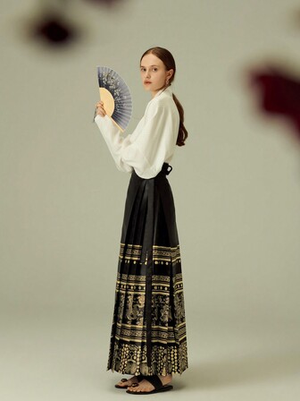 Chinese Style Dragon Totem Brocade Jacquard Women's Vintage Long Skirt, With Horse Face Design