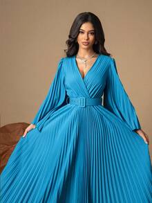 假日天蓝色长袖 V 领褶皱大下摆带腰带夏季女士连衣裙，度假装女士 - 藍色 - 查看 8