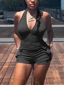 Textured Workwear Shoulder Straps Jumpsuit With Pockets - Black - View 5