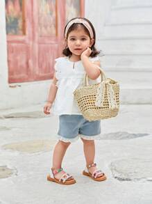 Blusa con volantes y bordado de ojales para bebé niña con cuello en V - Blanco - Ver 6