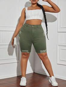 SHEIN SXY Quần short denim rách viền Plus Size, Hợp thời trang và đa năng - xanh quân đội - Xem 6