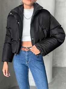 SHEIN Chaqueta acolchada corta en negro para mujer petite - Negro - Ver 4