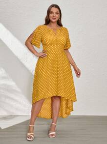 SHEIN Clasi Vestido de manga corta para mujer con bajo asimétrico, parte delantera corta y parte trasera larga, talla grande - Amarillo Mostaza - Ver 6