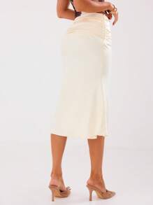 MUSERA Satin High Waisted Midi Ruched Skirt Boho Summer Cute Chic Elegant - Yellow - View 5