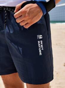 In My Nature Men Letter Graphic Drawstring Waist Outdoor Shorts - Blue - View 3