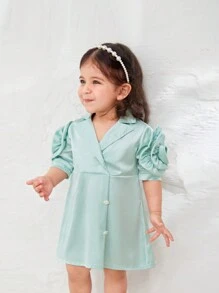 SHEIN 2024 New Fashion Baby Girls' Turn-Down Collar Short Sleeve Dress