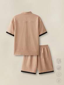 Manfinity VCAY Bộ áo sơ mi dệt tay ngắn dáng rộng cho nam, hoàn hảo cho mùa hè đi học - Màu Khaki - Xem 3