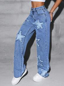 SHEIN ICON Jeans rectos bordados lavados, ropa diaria de moda - Azul lavado medio - Ver 5