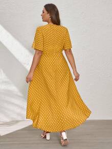 SHEIN Clasi Vestido de manga corta para mujer con bajo asimétrico, parte delantera corta y parte trasera larga, talla grande - Amarillo Mostaza - Ver 2