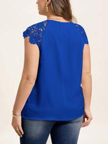 SHEIN Clasi Plus Size Solid Color Round Neck Lace Spliced Women's Summer Shirt