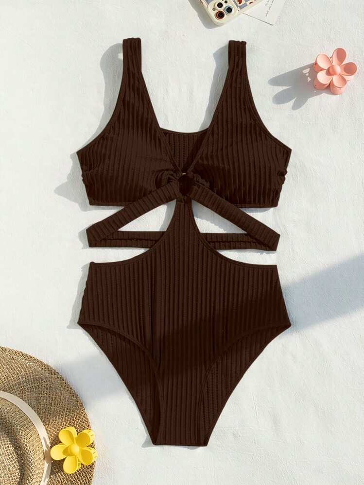 SHEIN Swim 镂空环链连体泳衣 夏季 - 巧克力棕 - 查看 4