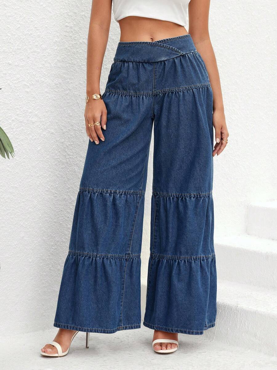 SHEIN Essnce Ruffle Hem Wide Leg Jeans - Light Wash - View 1
