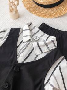 SHEIN Áo vest thường ngày cho bé trai/bé gái, áo sơ mi ngắn tay màu trơn/sọc & quần short lưng thun, lý tưởng cho các bữa tiệc sinh nhật, lễ rửa tội, lễ kỷ niệm sinh nhật đầu tiên, tiệc tùng, biểu diễn, đám cưới, v.v. - Nhiều màu - Xem 13