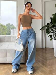 SHEIN EZwear 女士夏季純色修身款短款背心 - 咖啡棕 - 查看 3