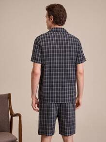 EverLounge Men Plaid Print Button Front Short Sleeve Top & Pants PJ Set - Black - View 2