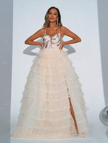 Missord Rochie de bal de damă, cu paiete, mozaic, elegantă din plasă - Caisă - Vizualizare 8