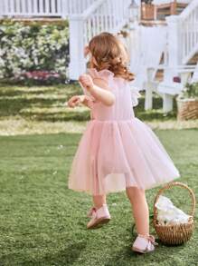 SHEIN Glamorique Kids Vestido de bebé niña rosa claro de verano lindo elegante con bordado de flores, falda de malla, mangas volantes, tejido esponjoso con diadema - Rosa - Ver 6